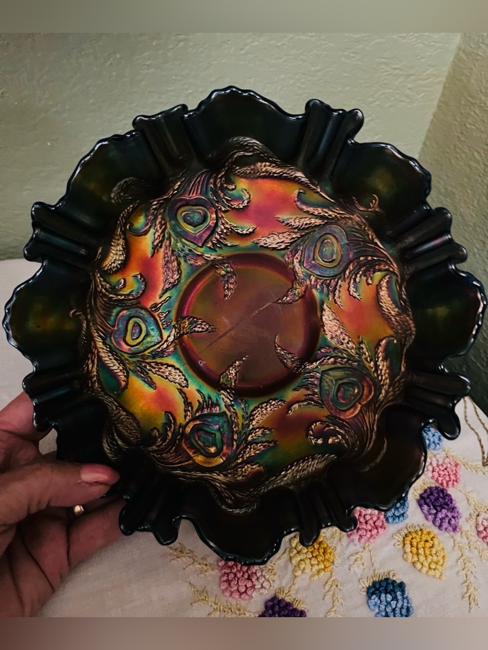 Iridescent Peacock Carnival Glass Ruffled Bowl Vintage Decorative Glass Art